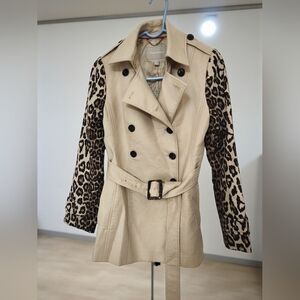 Banana Republic Tan & Leopard Print Sleeve Trench Coat Jacket, XS